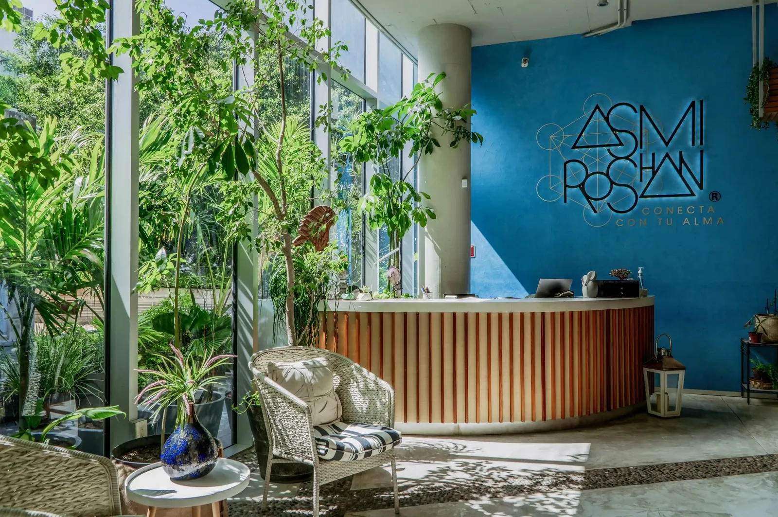a reception area with a reception table and a reception table