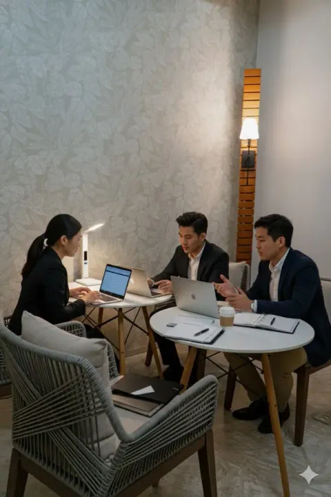 a group of people sitting around a table