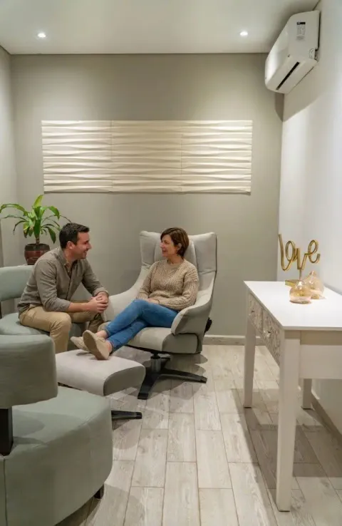 a man and woman sitting in a room