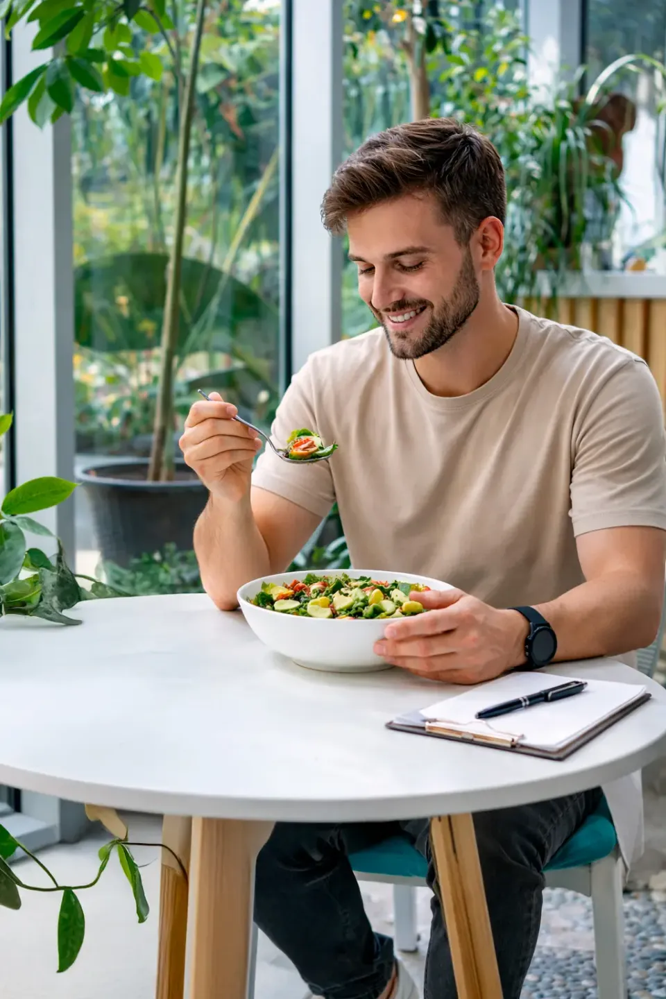 a man sitting at a table with a bowl of food