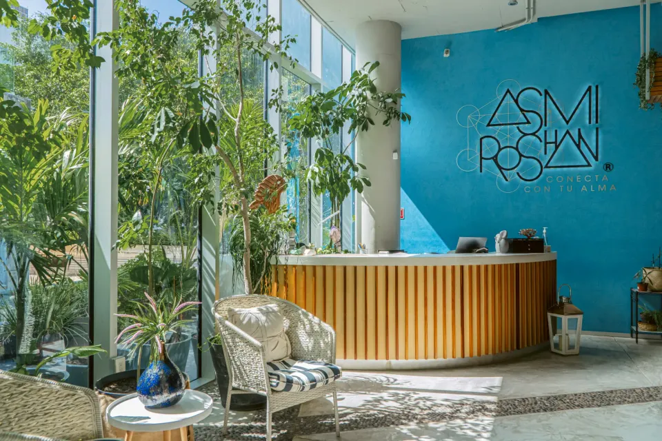 a reception area with a reception table and a reception table
